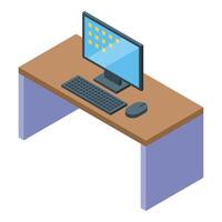 Modern desktop computer setup on wooden table with keyboard and mouse in isometric view vector