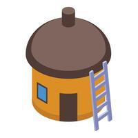 Round hut with thatched roof and ladder leaning on isometric 3d icon vector