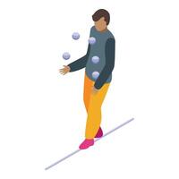 Circus artist juggling while balancing on rope vector