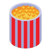Popcorn bucket filled with tasty buttery popcorn is standing on white background vector