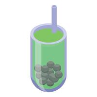Green bubble tea with tapioca pearls in glass with straw isometric view vector