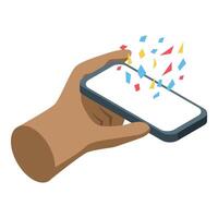 Hand holding smartphone with colorful confetti exploding from screen vector