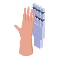 Engineer touching bionic hand with artificial sensors vector