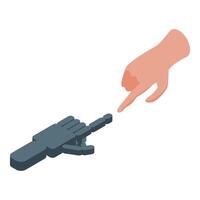 Robotic arm and human hand pointing at each other in isometric view vector