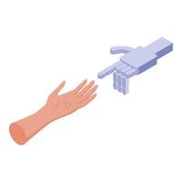 Human and robot hands reaching out to each other in isometric view vector
