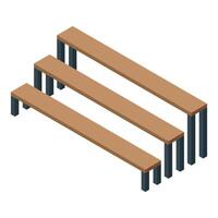 Three empty wooden benches standing in line isometric view vector