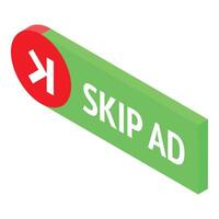 Green skip ad button with red arrow isometric icon vector