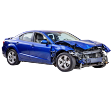 Blue car with severe front damage after a collision on transparent background png