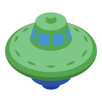 Green alien spaceship flying in sky with blue windows vector