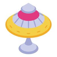 Yellow spaceship landing on planet surface with open hatch vector