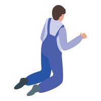 Construction worker kneeling down pointing with hand isometric view vector