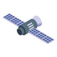 Space satellite orbiting earth transmitting signal with solar panels vector