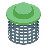Round public trash can with green cap is standing on white vector