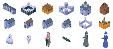 Old castle ghosts icons set. Dracula, witches and ghosts are living in transylvanian castles and churches vector