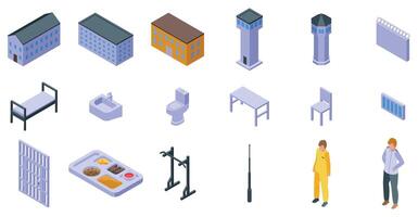 Prison building icons set. Prison life isometric icons showing confinement and detention vector