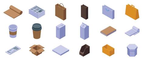 Paper litter icons set. Cardboard paper waste garbage trash recycling icons set isometric vector