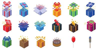 Giftbox confetti explosion icons set. Set of gift boxes opening with confetti, balloons, cake, firework and other surprise elements isometric icons vector