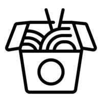 Simple line art icon of an open paper box for wok noodles with chopsticks on a white background vector