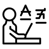 Translator working on laptop with foreign language symbols vector