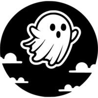 Creepy ghost flies in night sky label in monochrome. Simple minimalistic in black ink drawing on white background vector