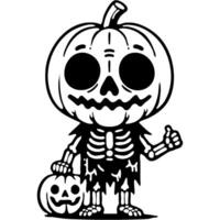 Halloween skeleton character in old tattered clothes with head of pumpkin in monochrome. Simple minimalistic in black ink drawing on white background vector