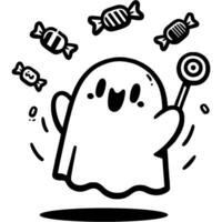 Halloween ghost happily throws candy over her head in monochrome. Simple minimalistic in black ink drawing on white background vector