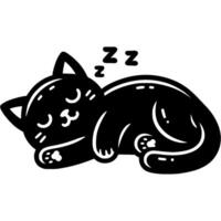Fluffy black kitten sleeps sweetly on its side in monochrome. Simple minimalistic in black ink drawing on white background vector
