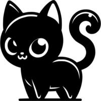 Fluffy black kitten stands and looks straight ahead in monochrome. Simple minimalistic in black ink drawing on white background vector
