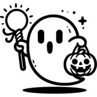 Halloween ghost with pumpkin and magic wand in hand in monochrome. Simple minimalistic in black ink drawing on white background vector