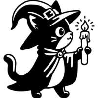 Black kitten dressed in cloak and magic hat walks with candle in his paw in monochrome. Simple minimalistic in black ink drawing on white background vector