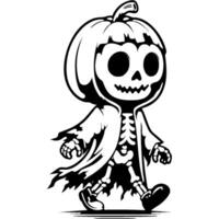 Creepy halloween character skeleton in torn clothes with pumpkin head in monochrome. Simple minimalistic in black ink drawing on white background vector