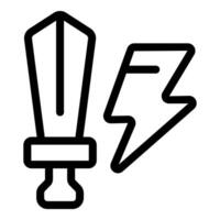 Line icon of sword receiving magical power up with lightning bolt vector