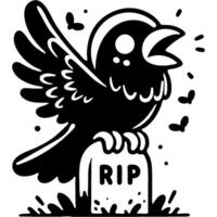 Black raven sits on a cemetery tombstone, croaks and flaps its wings in monochrome. Simple minimalistic in black ink drawing on white background vector