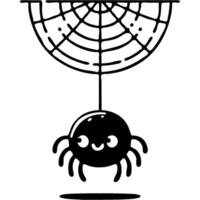 Funny spider goes down on web in monochrome. Simple minimalistic in black ink drawing on white background vector