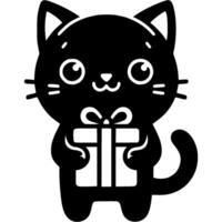 Little kitten holding gift box in paws in monochrome. Simple minimalistic in black ink drawing on white background vector