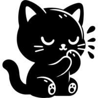 Small black kitten sits and washes its face with its paw in monochrome. Simple minimalistic in black ink drawing on white background vector