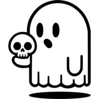 Funny ghost scares residents with a skull in his hand in monochrome. Simple minimalistic in black ink drawing on white background vector