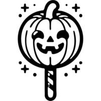 Halloween lollipop in shape of a laughing pumpkin in monochrome. Simple minimalistic in black ink drawing on white background vector
