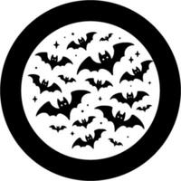 Flock of angry bats against backdrop of full moon in monochrome. Simple minimalistic in black ink drawing on white background vector