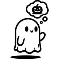 Funny ghost thinks about beginning of Halloween holiday in monochrome. Simple minimalistic in black ink drawing on white background vector