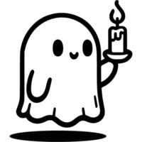 Funny Halloween ghost carrying a burning candle in her hand in monochrome. Simple minimalistic in black ink drawing on white background vector