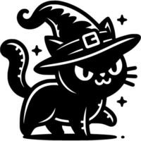 Halloween black cat wearing dented witch hat in monochrome. Simple minimalistic in black ink drawing on white background vector