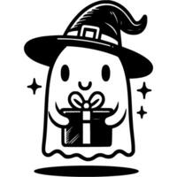 Halloween ghost holding gift box in hands in monochrome. Simple minimalistic in black ink drawing on white background vector
