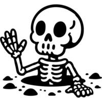 Cheerful skeleton waves his bony hand in greeting in monochrome. Simple minimalistic in black ink drawing on white background vector