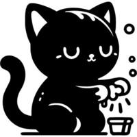 Little black kitten washes clothes in cup in monochrome. Simple minimalistic in black ink drawing on white background vector
