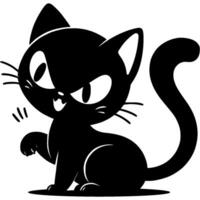 Hissing black cat prepared to scratch with a paw with sharp claws in monochrome. Simple minimalistic in black ink drawing on white background vector