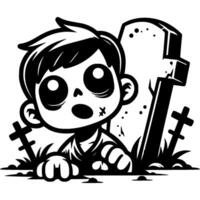 Zombie crawls out of the grave in monochrome. Simple minimalistic in black ink drawing on white background vector