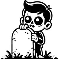 Boy in zombie costume peeks out from behind gravestone in monochrome. Simple minimalistic in black ink drawing on white background vector