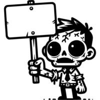 Zombie holds a wooden sign with no inscription in his hand in monochrome. Simple minimalistic in black ink drawing on white background vector