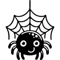 Smiling funny spider sitting on web in monochrome. Simple minimalistic in black ink drawing on white background vector